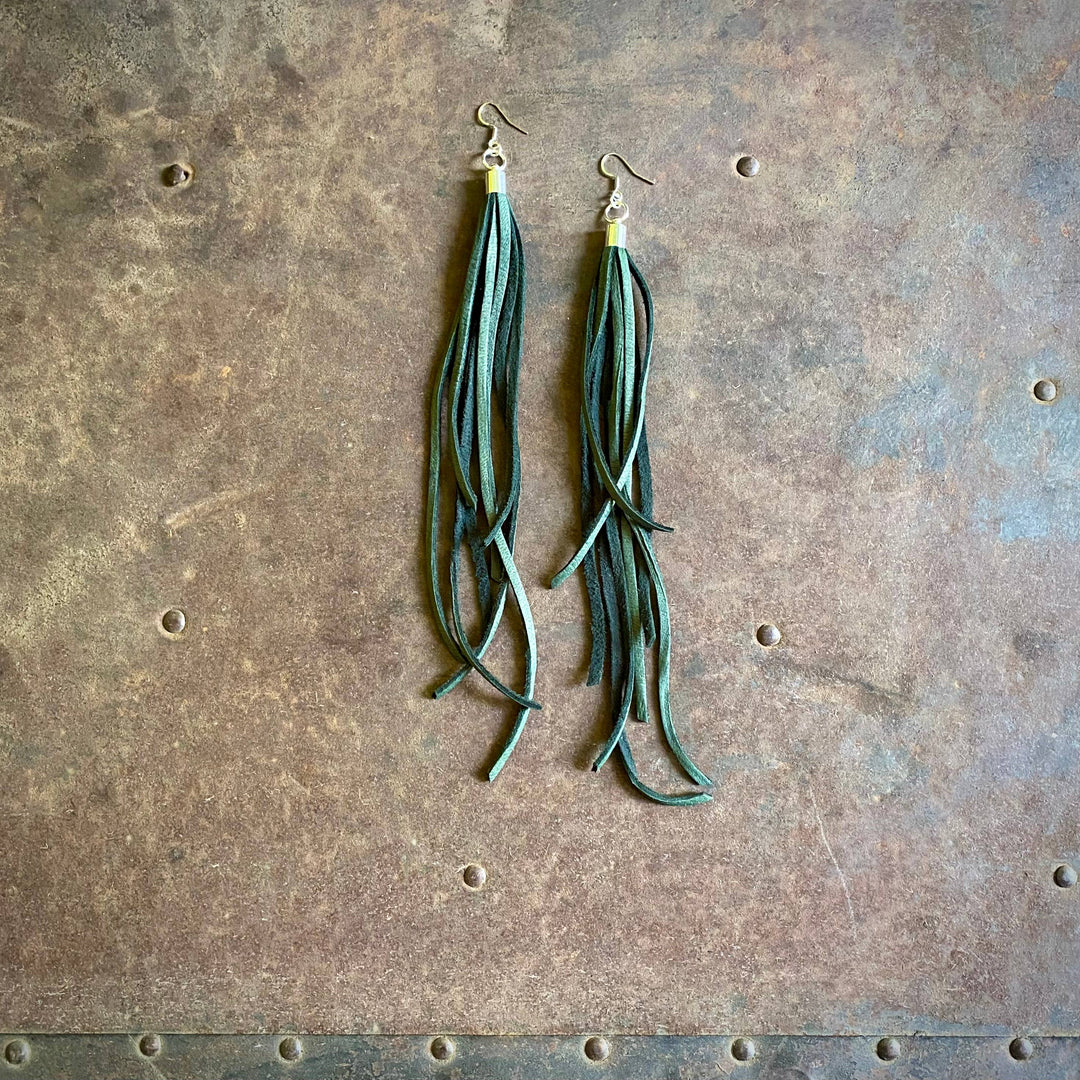 Leather Tassel Earrings - Hunter Green & Silver, Western
