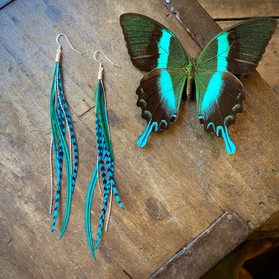 Mini Feather Earrings - Turquoise Grizzly & Silver