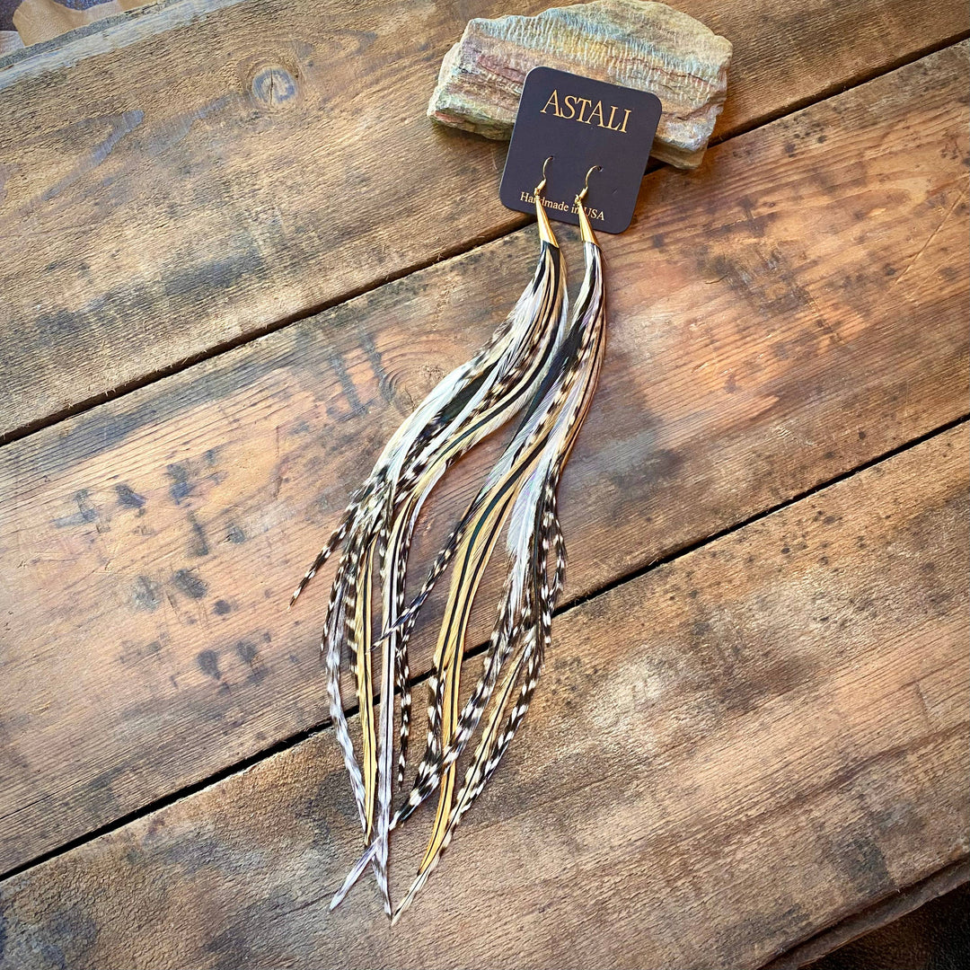 Cone Feather Earrings - Golden Black & Grizzly