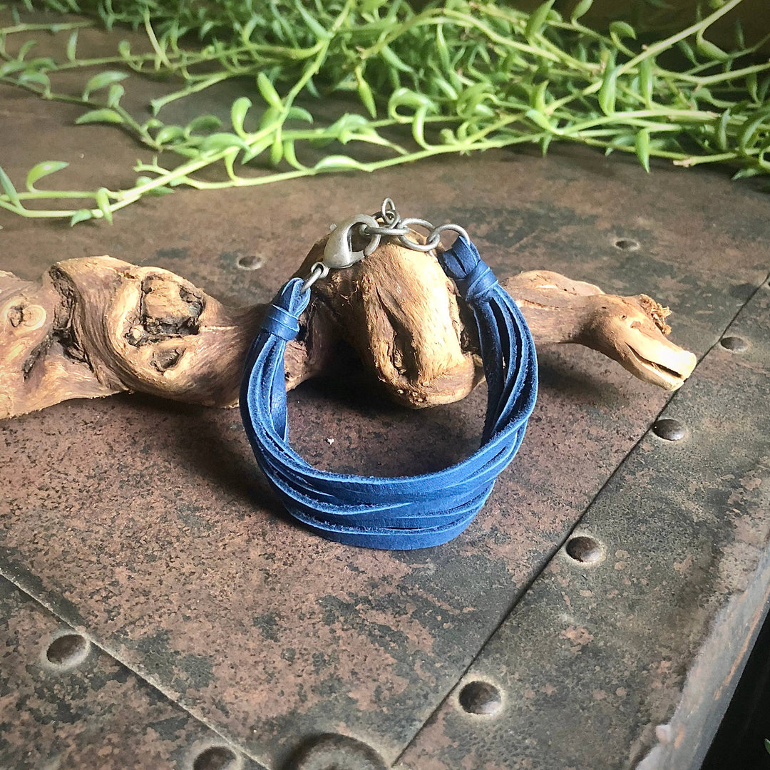 Leather 7-Strand Bracelet - Blue & Silver, Boho Western