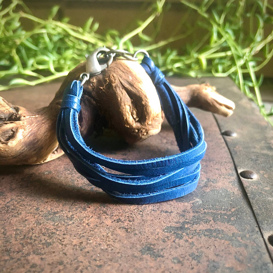 Leather 7-Strand Bracelet - Blue & Silver, Boho Western