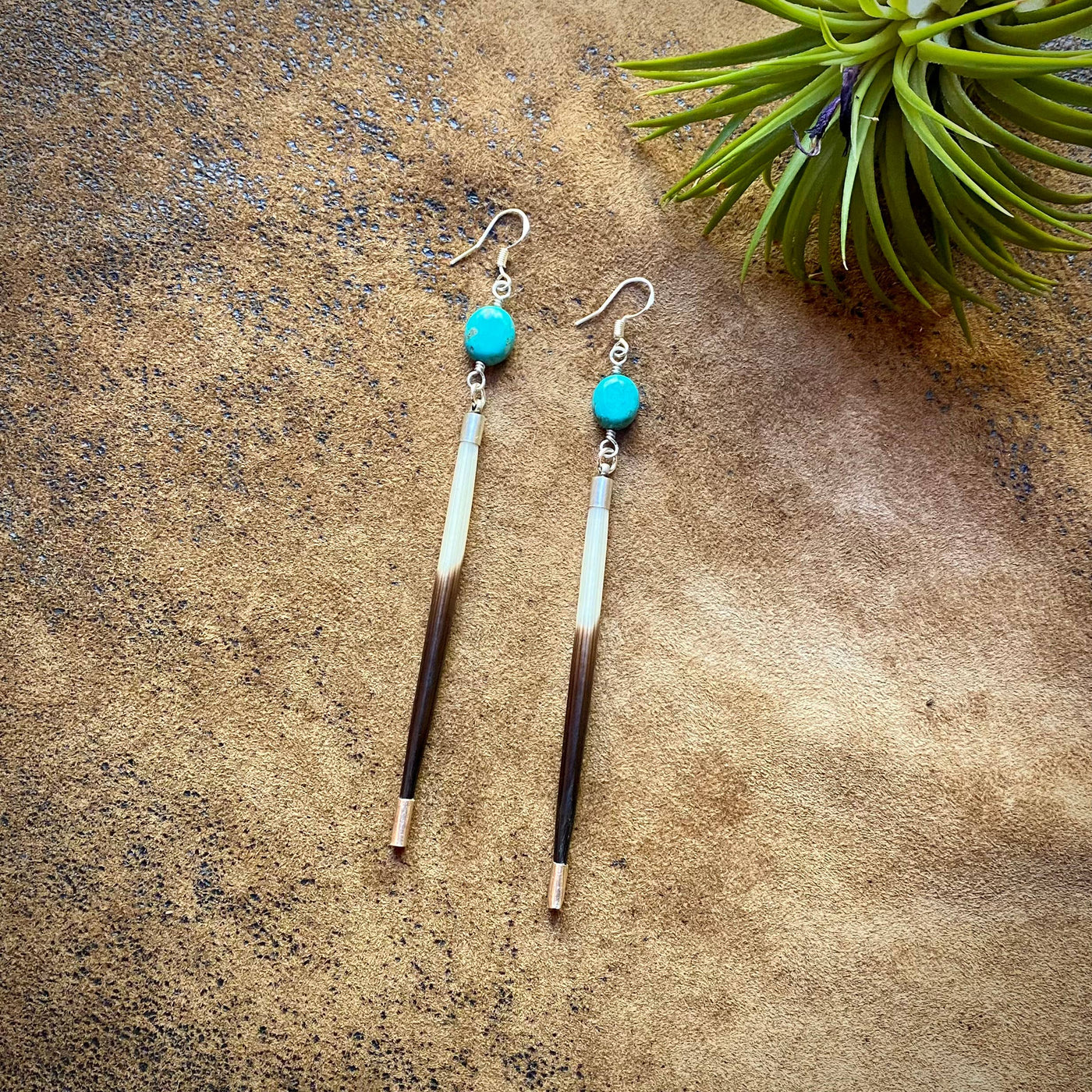 Porcupine Quill Silver Turquoise Earrings