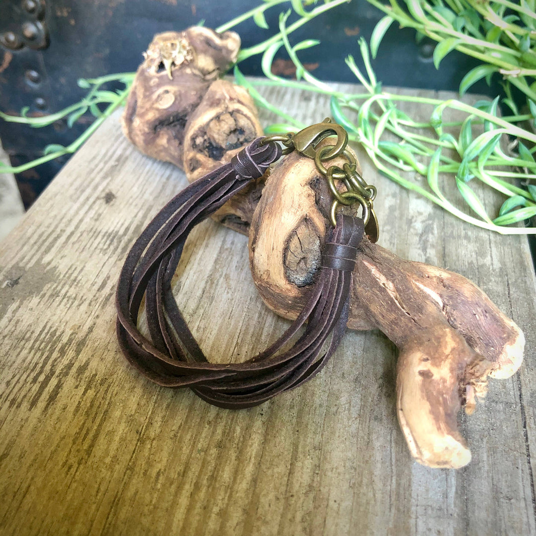 Leather 7-Strand Bracelet - Chocolate Brown & Brass, Boho