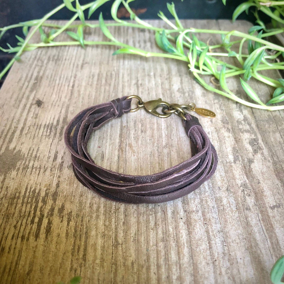 Leather 7-Strand Bracelet - Chocolate Brown & Brass, Boho