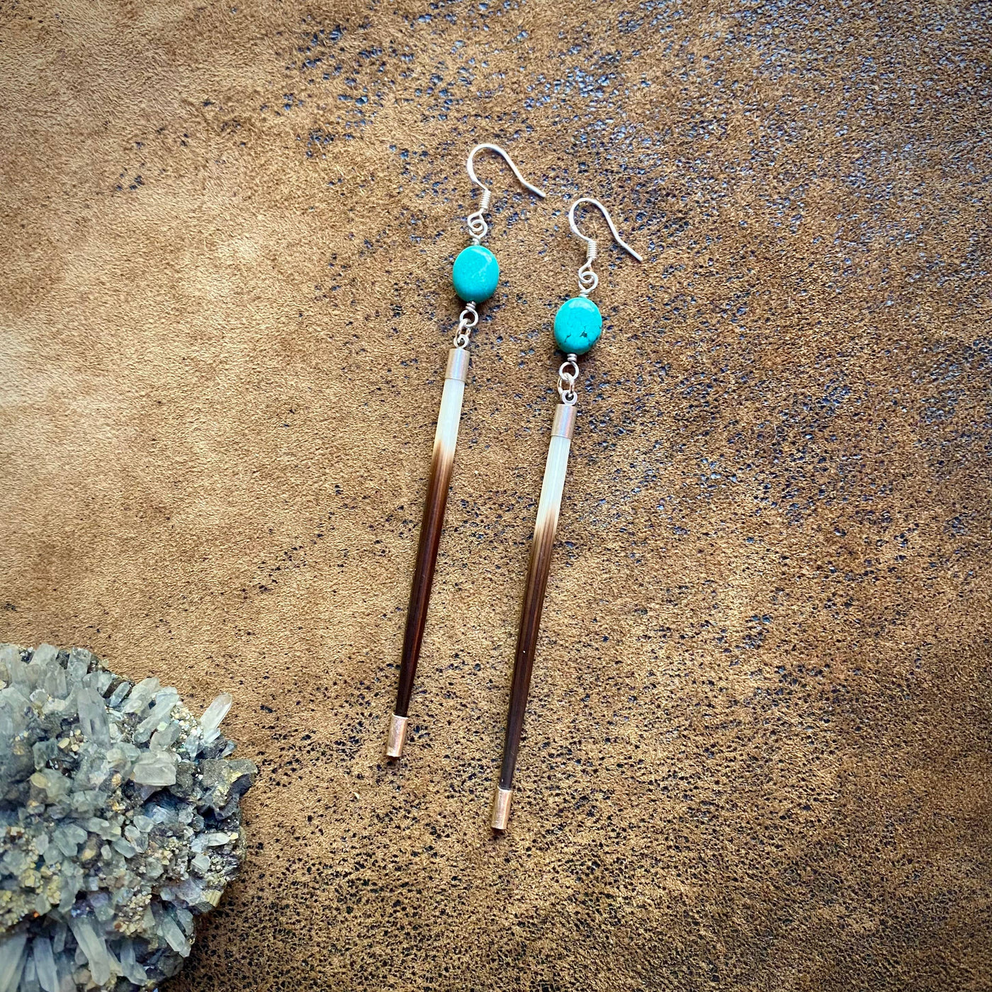 Porcupine Quill Silver Turquoise Earrings