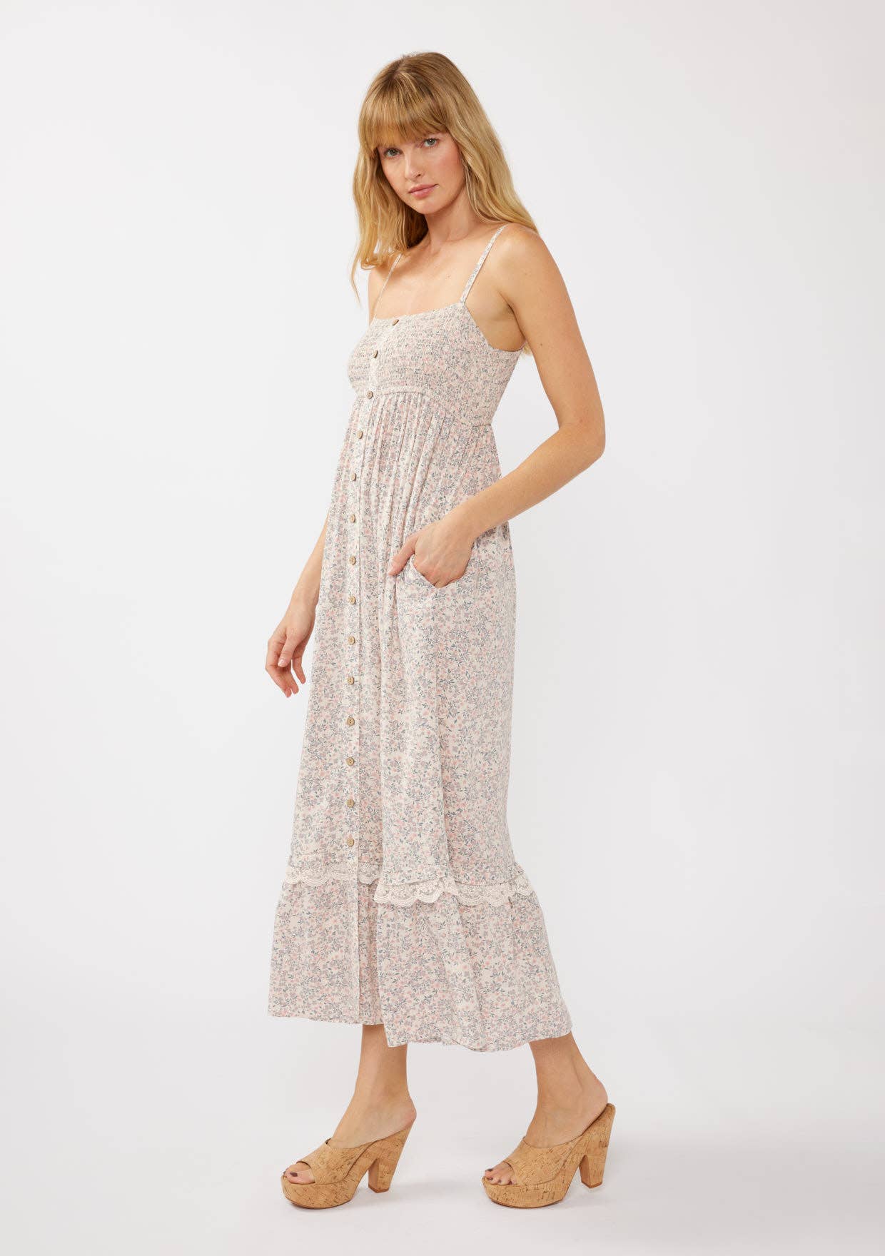 Spaghetti Strap Smocked Bust Button-Down Maxi Dress