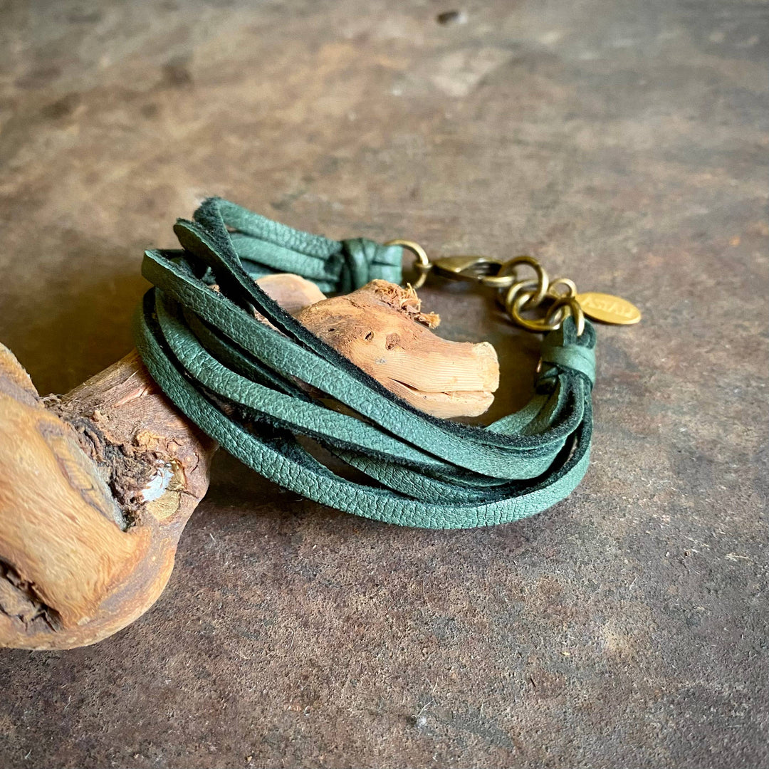 Leather 7-Strand Bracelet - Hunter Green & Brass, Western