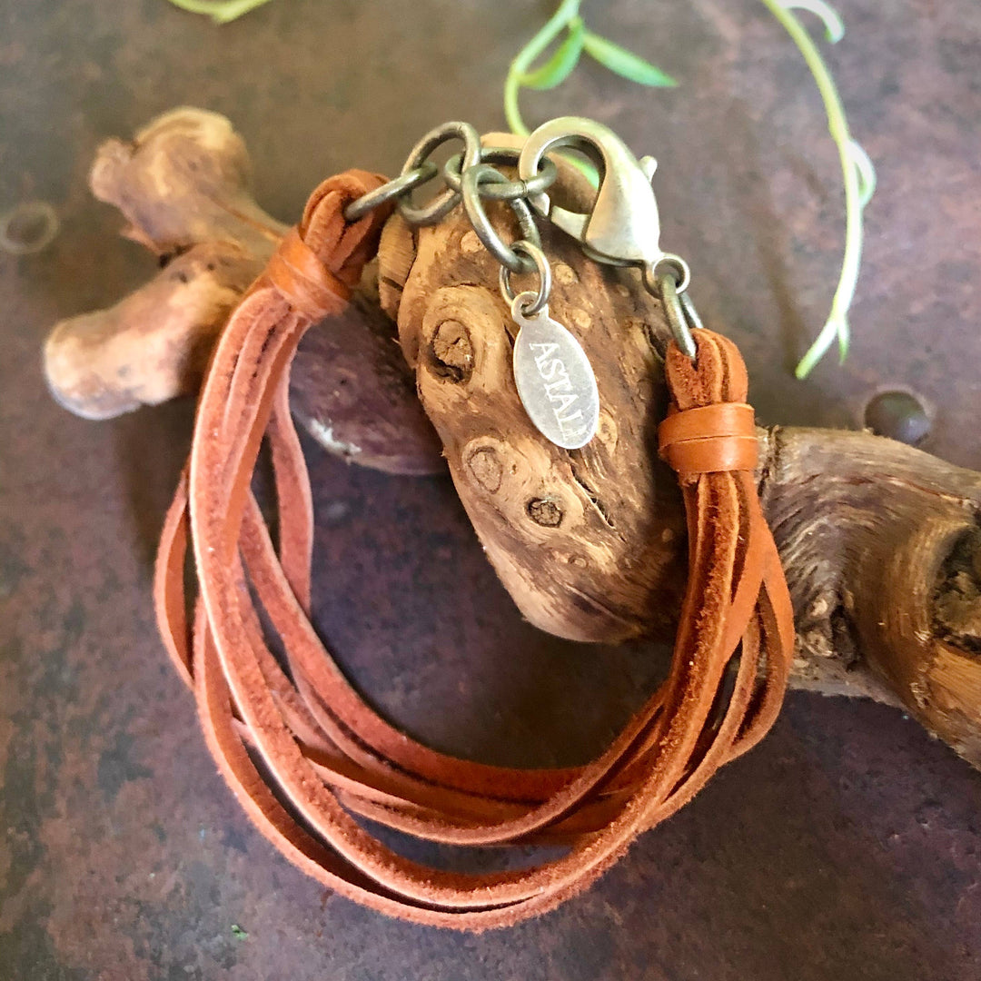 Leather 7-Strand Bracelet - Rust & Silver, Boho Western