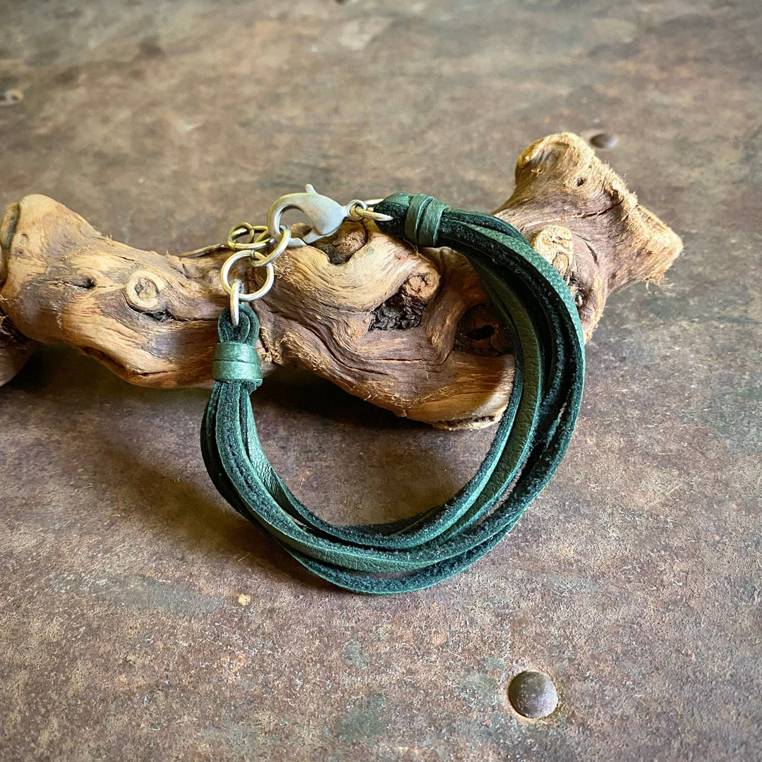 7-Strand Leather Bracelet - Hunter Green & Silver