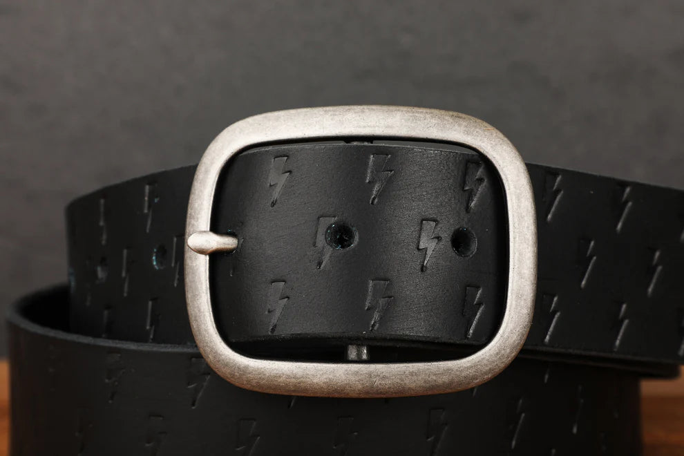 Black Leather Belt with Embossed Lightning Bolts