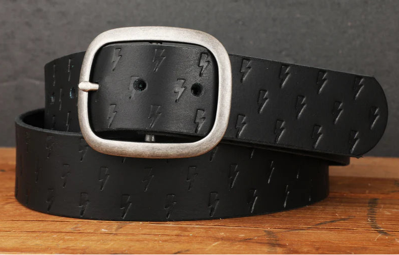 Black Leather Belt with Embossed Lightning Bolts