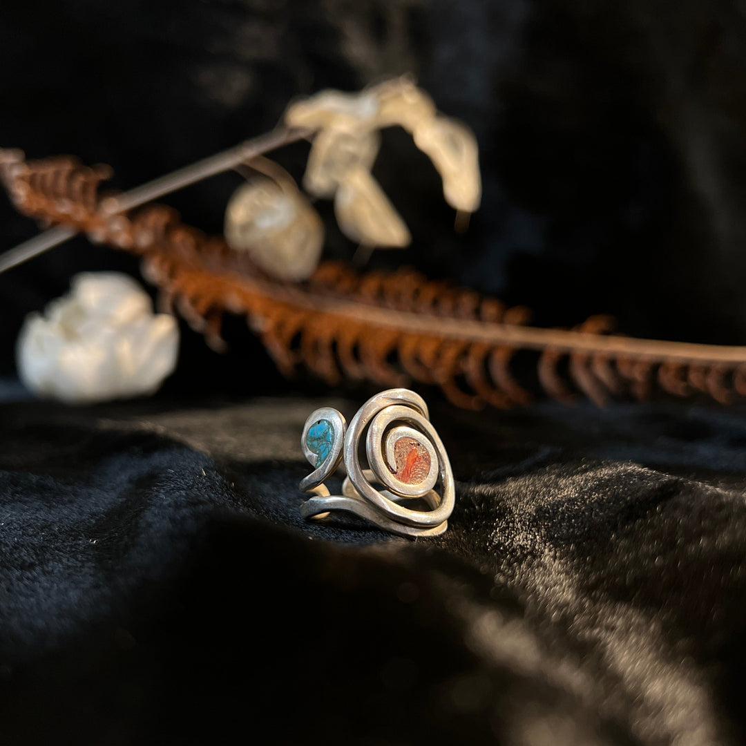 Silver Spiral Turquoise & Coral Ring #9