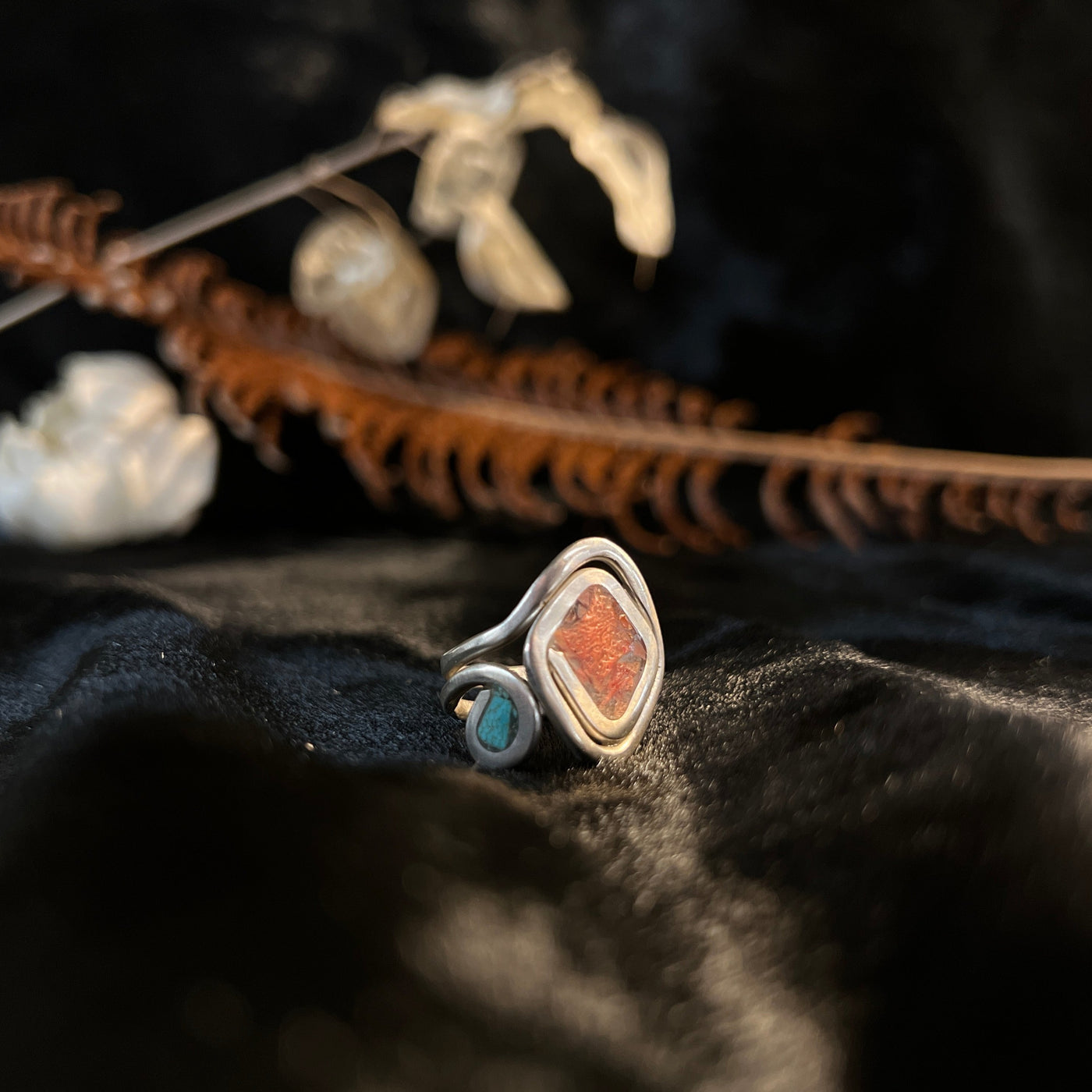 Silver Diamond Coral and Turquoise Ring