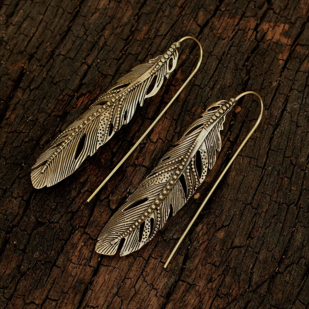 Brass Long Feather Earring