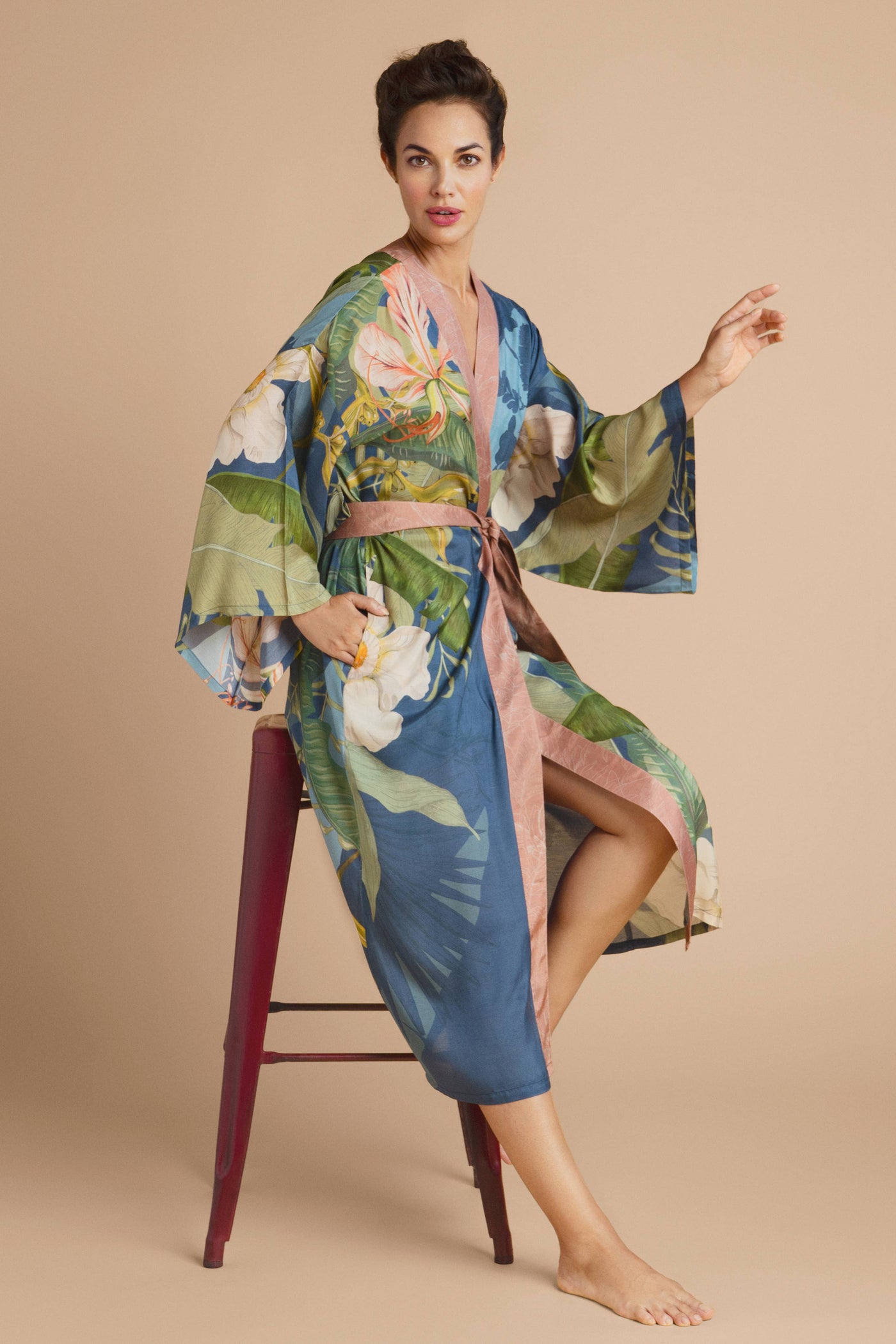Delicate Tropics Kimono Gown - Indigo