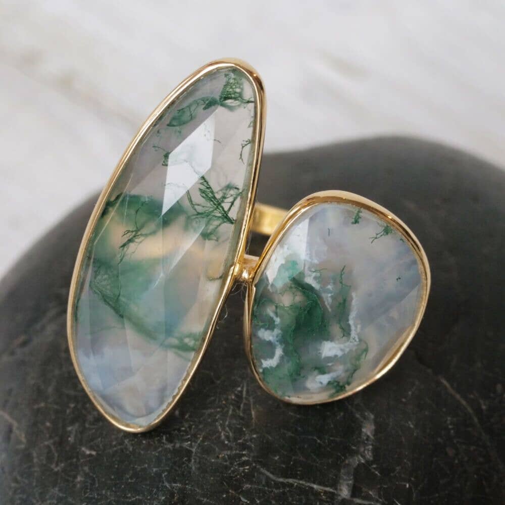 Gold Plated Moss Agate Ring