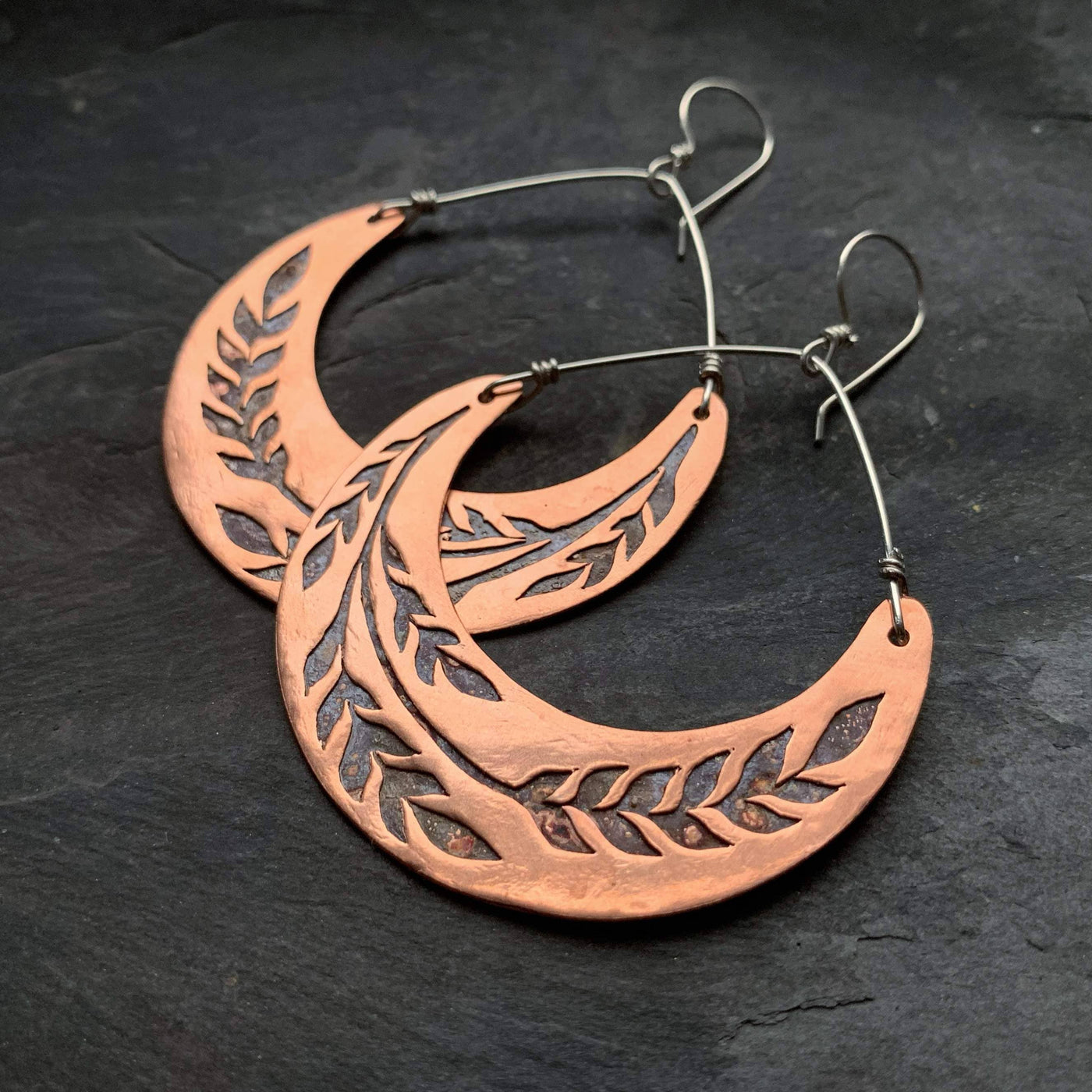 Large Copper Crescent Wheat Earrings