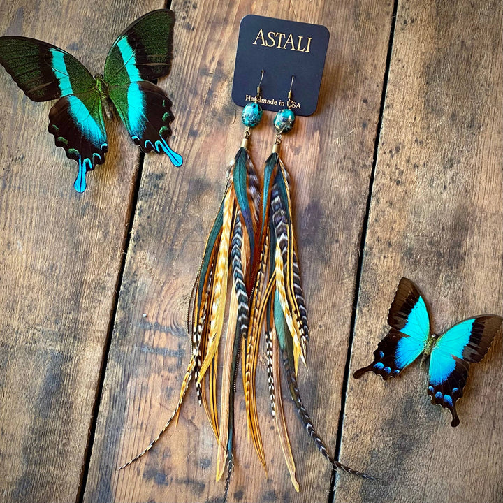 Turquoise & Feather Earrings - Cree Mix