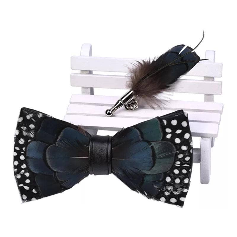 Feather Bow Tie & Lapel Pin Set