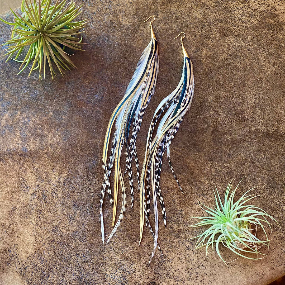 Cone Feather Earrings - Golden Black & Grizzly