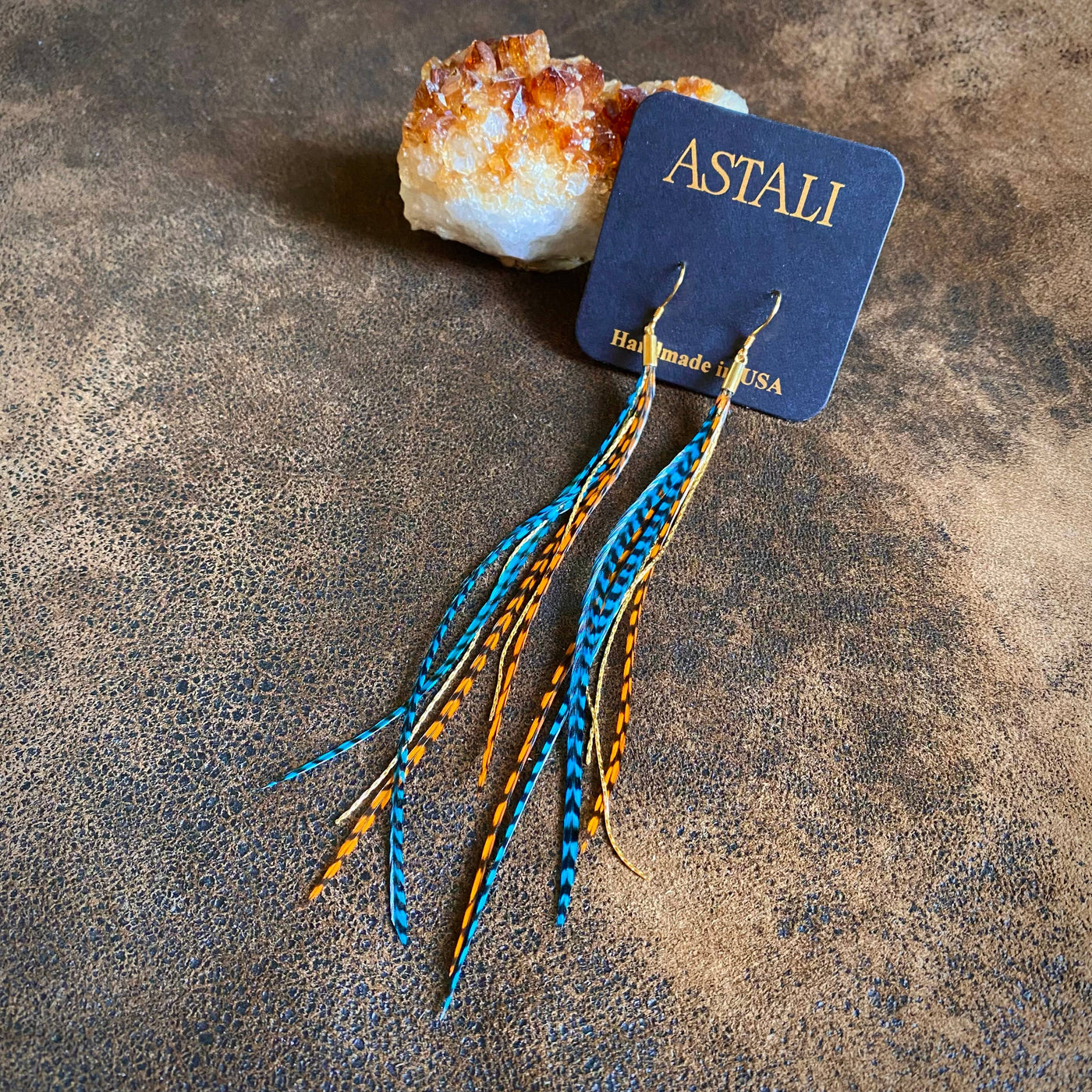 Mini Feather Earrings - Orange & Turq