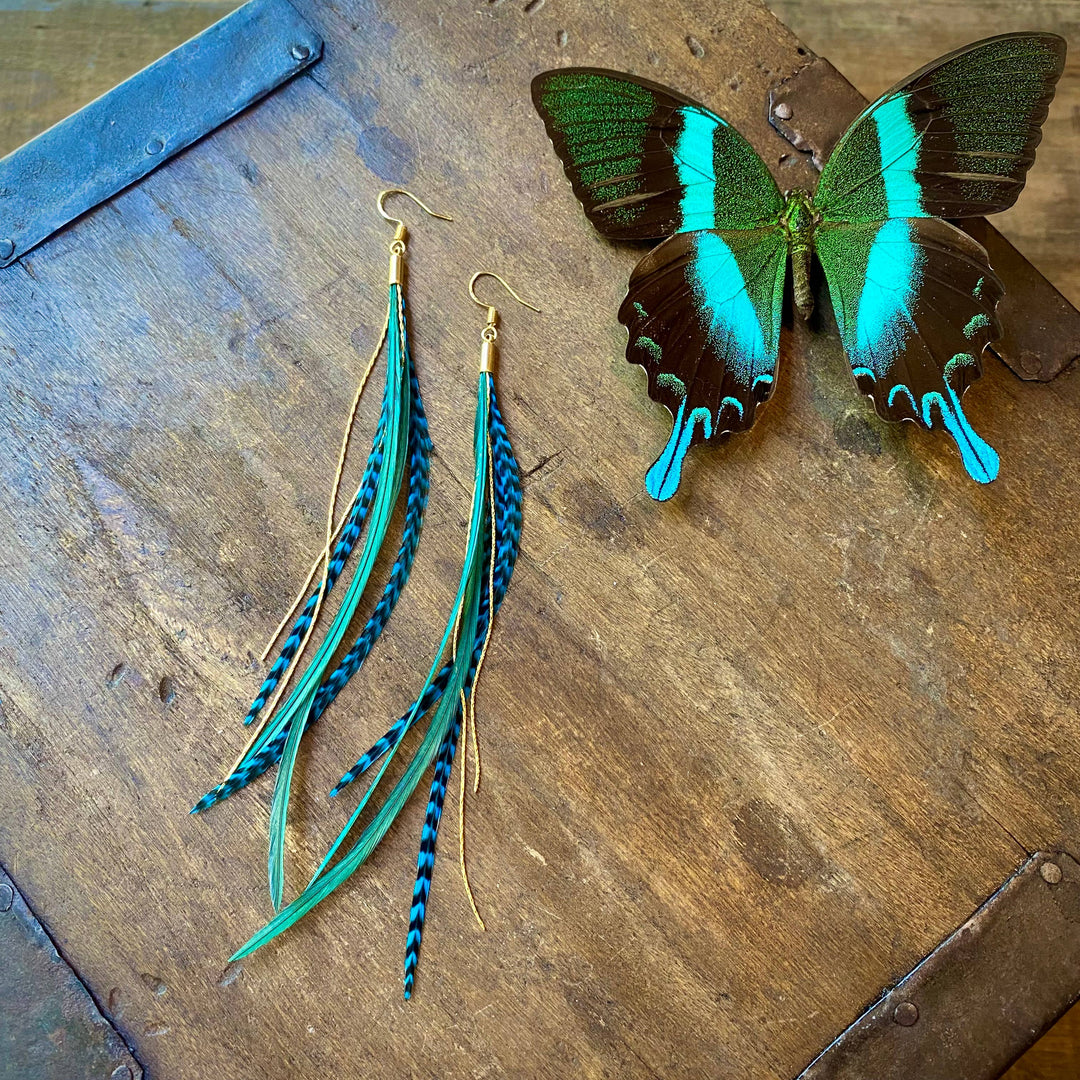 Mini Feather Earrings - Green & Turquoise Grizzly