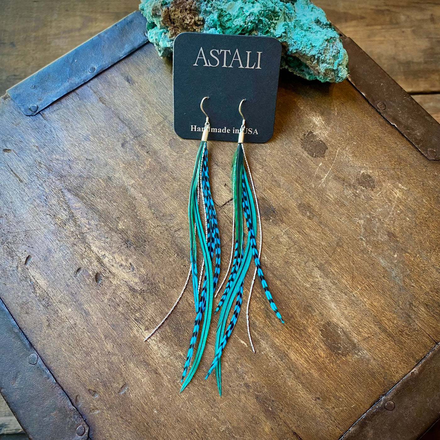 Mini Feather Earrings - Turquoise Grizzly & Silver